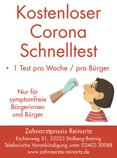 Corona-Schnelltest - Gemeinschaftspraxis für Zahnheilkunde <br />Zahnarzt Dr. med. dent. Armin Reinartz <br />Zahnärztin Anne-Elisabeth Reinartz in 52223 Stolberg
